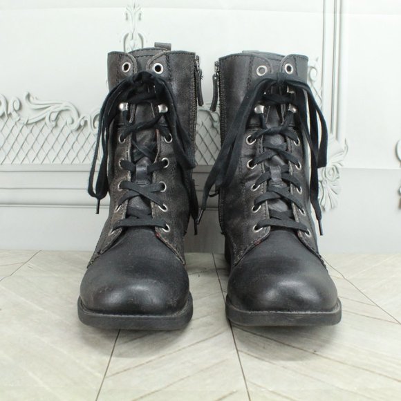 Nine West Black Leather Plaid Lined Lace up Side Zipper Ankle boots Size 10.5 M - Picture 4 of 9